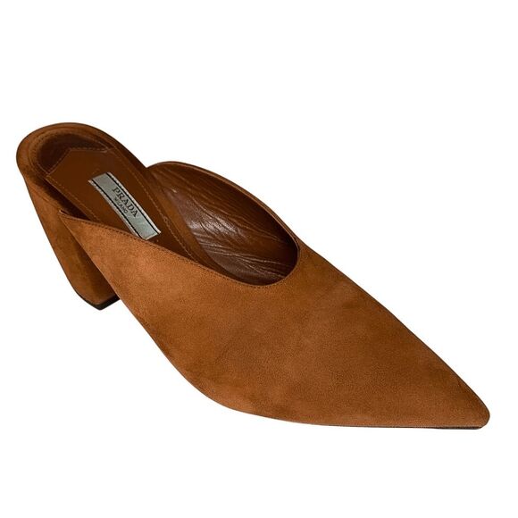 Prada Suede V-Notch Mules Size 39 Brown Pointed Toe Block Heel Slip-On Shoes - Picture 1 of 10